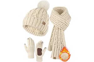 LOROME Winter Hat Scarf Gloves Set,Fleece Lined Pom Pom Beanie Hat Warm Knit Long Scarf Touchscreen Gloves Winter Gifts for Women