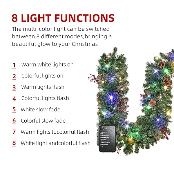 HOYECHI SET OF 2 PRELIT CHRISTMAS GARLANDS – 9FT EACH WITH 50 LED LIGHTS & RED BERRIES, BATTERY POWERED WITH 8 LIGHTING MODES, HOLIDAY GARLAND FOR STAIRS, FIREPLACE, DOOR FRAME