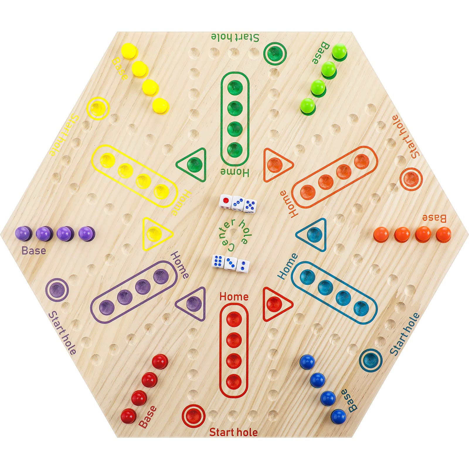 Photo 1 of Kathfly Marble Board Game Wooden Wahoo Double Side Painted Board Game with 6 Colors 36 Marbles 6 Dice for Adults Family Night Game, 6 and 4 Player(Hexagonal)