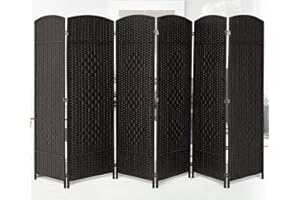 Duraspace 6 Panels Room Divider 6 FT Tall Weave Fiber Privacy Screen Freestanding Double Hinged Folding Screen Extra Wide Room Dividers for Patio Privacy (Black)
