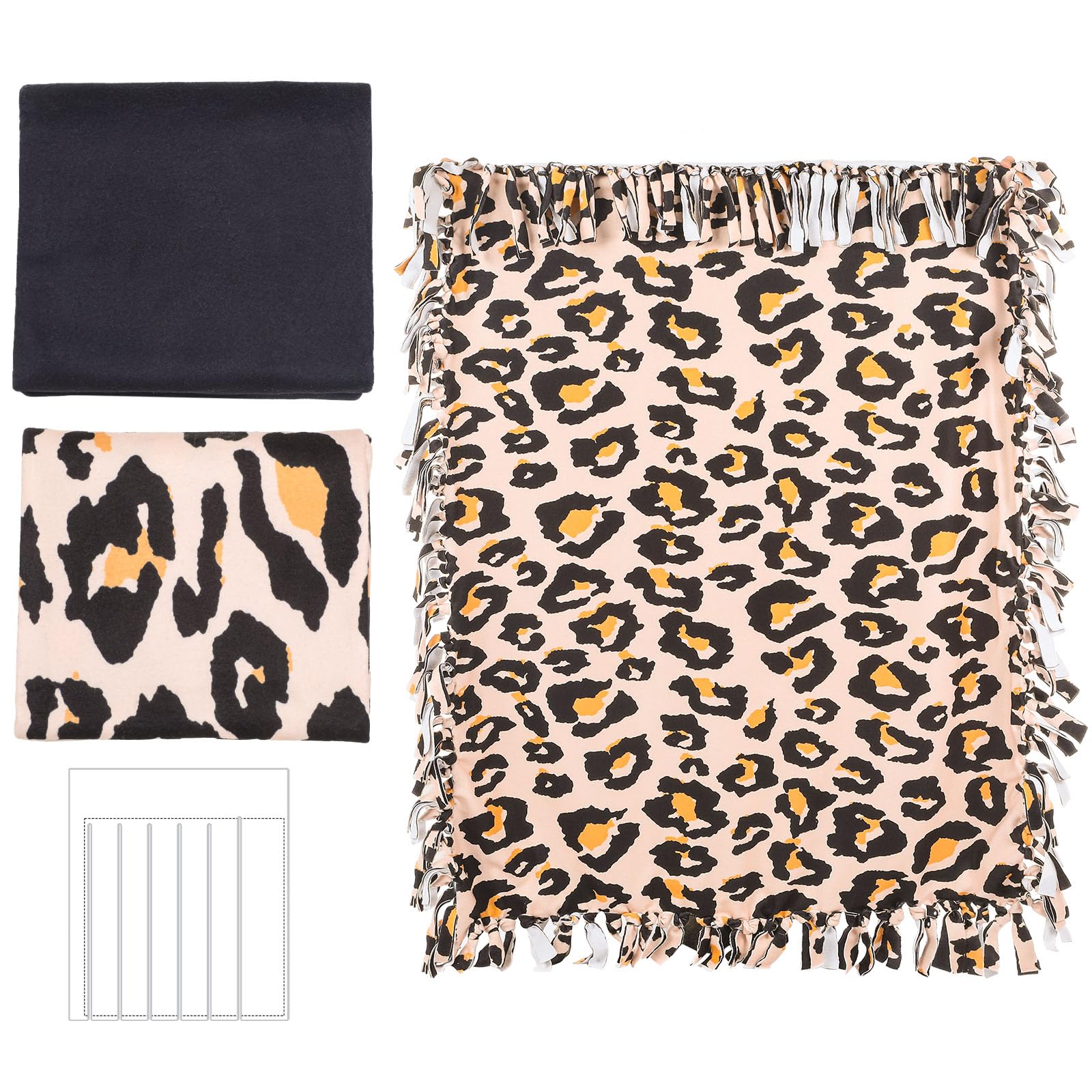 Photo 1 of **MISSING RULER**Hahafelt 3 Pcs DIY Tie Blankets Fleece Kit - No Sew Blanket Kit Includes 50x60 Inch No Sew Fleece Fabric and Ruler Template DIY Throw Making for Bed Couch(Leopard Print)