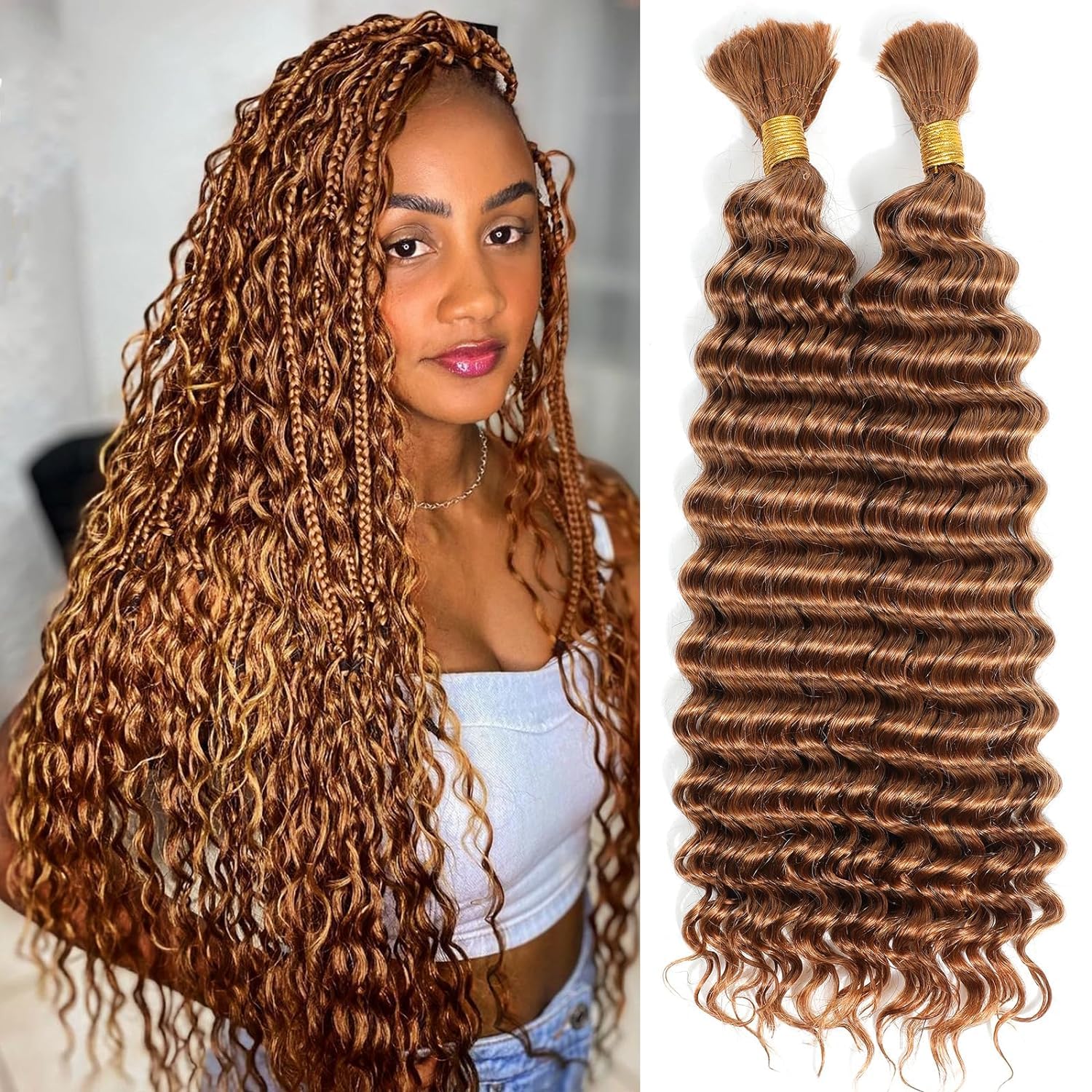 Photo 1 of Labamiya Curly Braiding Human Hair Dark Brown 100g 16 Inch Color 30 Auburn Brown Deep Water Wave Bulk Human Hair for Braiding No Weft Brazilian Virgin Deep Curly Human Hair Extensions for Boho Braids