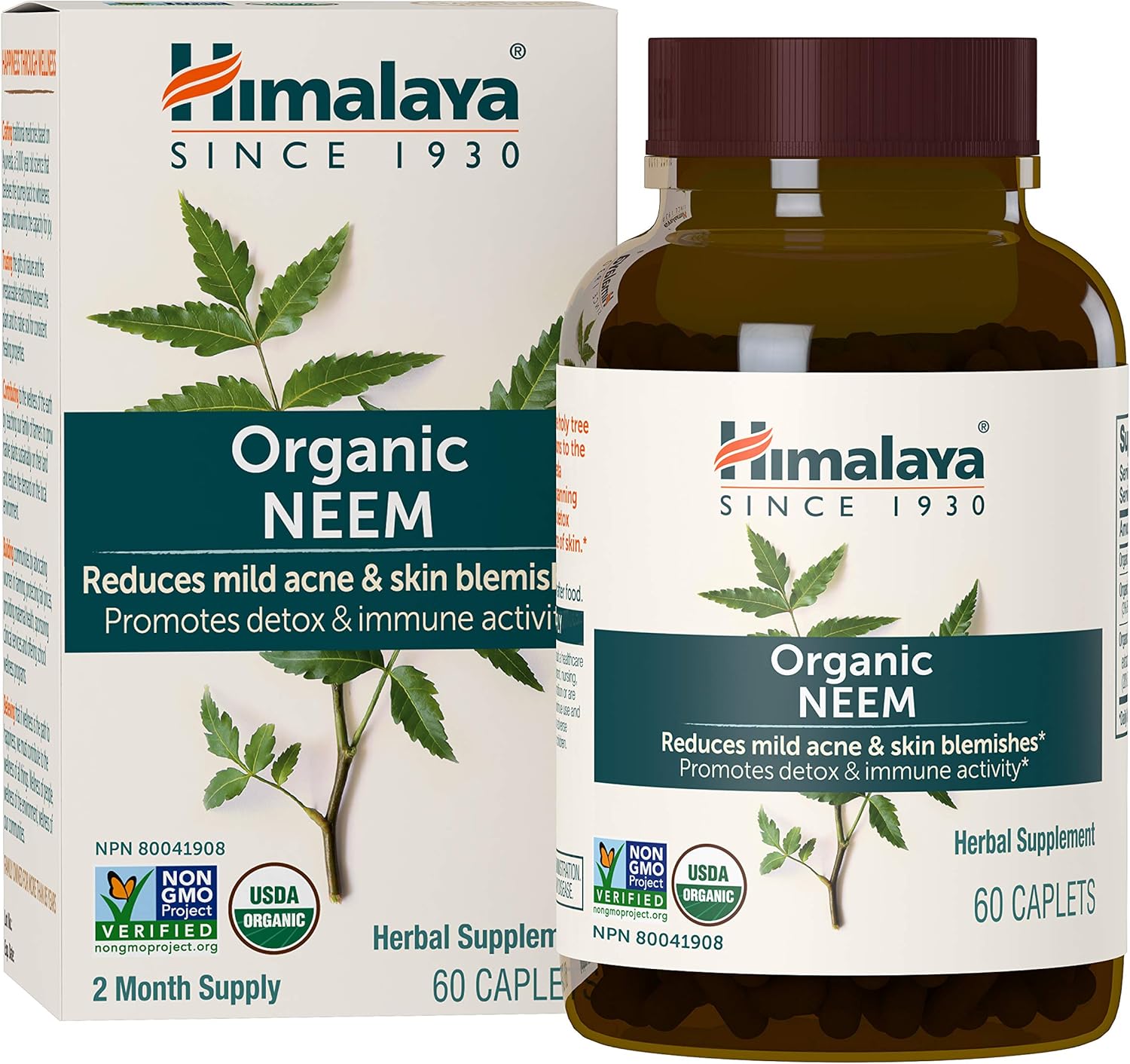 Himalaya Organic Neem, Mild Acne Relief for Clear, Smooth & Radiant Looking Skin, 600 mg, 60 Caplets, 4 Month Supply, 2 Pack: Health & Personal Care