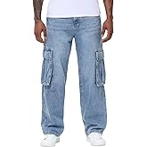 MZNBURAM Men's Non-Stretch Loose Fit Wide-Leg Baggy Cargo Jeans Pants