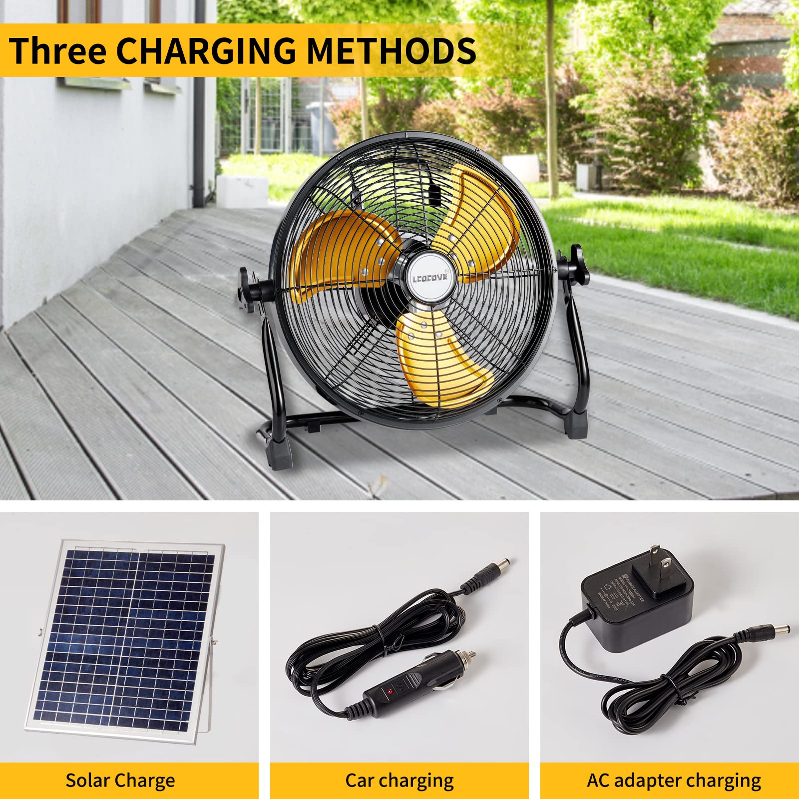 lcocove Outdoor Fan Can Running 5-24 Hours,Solar Powered Fan For Shed,Home,Ouside,Camping，with USB Output For Emergency Situation Without Electric