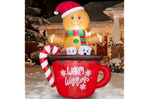Joiedomi Christmas Inflatables Gingerbread Outdoor Decorations, Gingerbread Man in Hot Cocoa Mug with LEDs, Cute Christmas Blow Up Gingerbread Yard Decoration for Xmas Outdoor Garden Lawn Decor