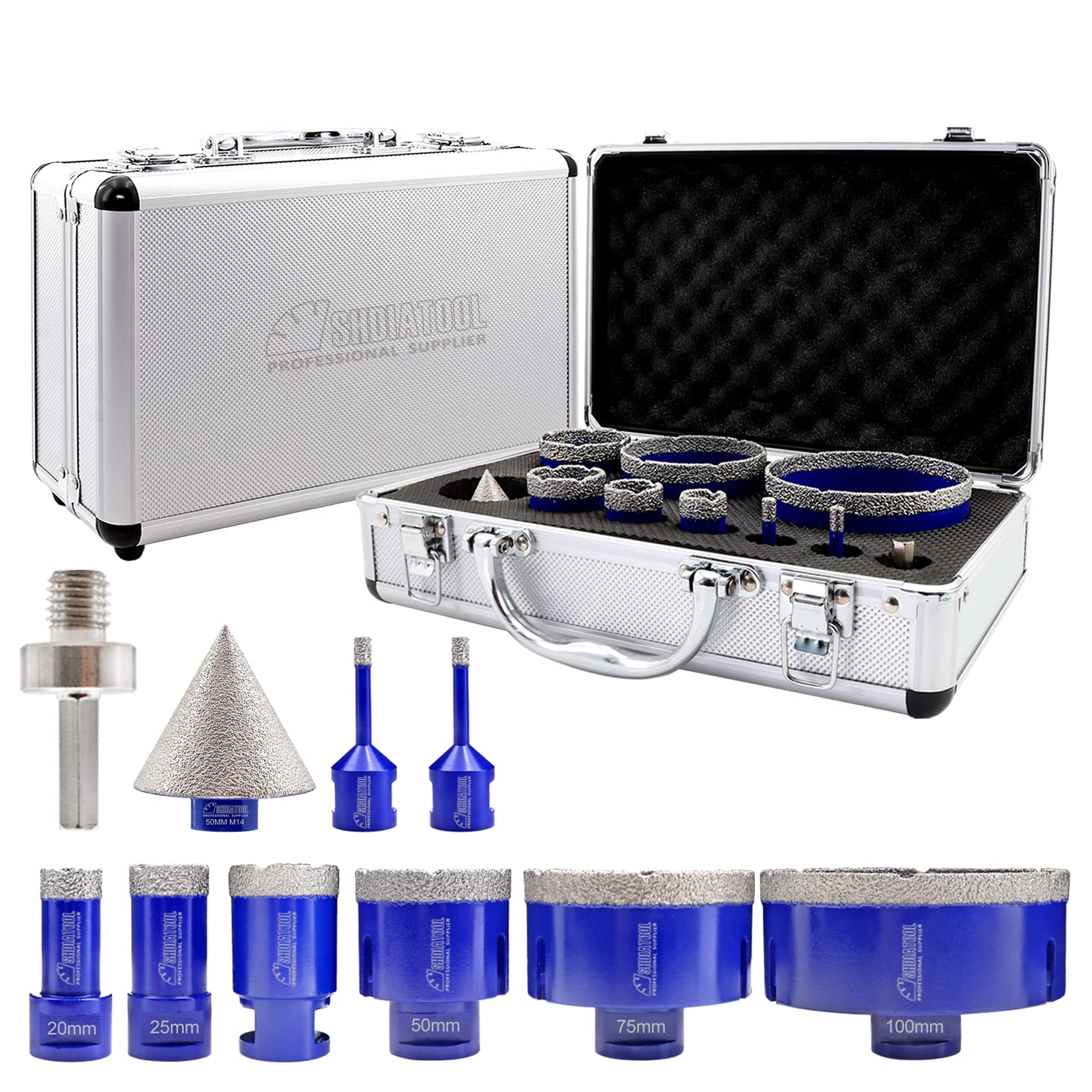 SHDIATOOL Dry Diamond Core Drill Bits M14 Thread 6/6/20/25/35/50/75/100mm and 50mm Chamfer Bits with HEX Adapter Vacuum Brazed for Porcelain Tile Granite Marble — image 1