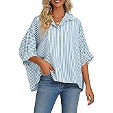 Vrtige Women's Casual Stripe Button Down Collar V Neck Half Sleeve Loose Blouse Shirt Top Azure XX-Large