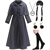 Xefenki Black Plaid Long Dress Costumes for Girls Gothic College Style Includes Wig Socks Necklace Earrings