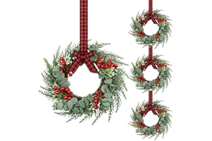 WILLBOND 4 Pcs 8" Mini Christmas Wreaths for Kitchen Cabinet Small Christmas Candle Rings Wreaths, Front Door Pillars/Home Table Centerpieces Hanging Garlands, for Windows/Wedding Decor (No Red Ribbon)