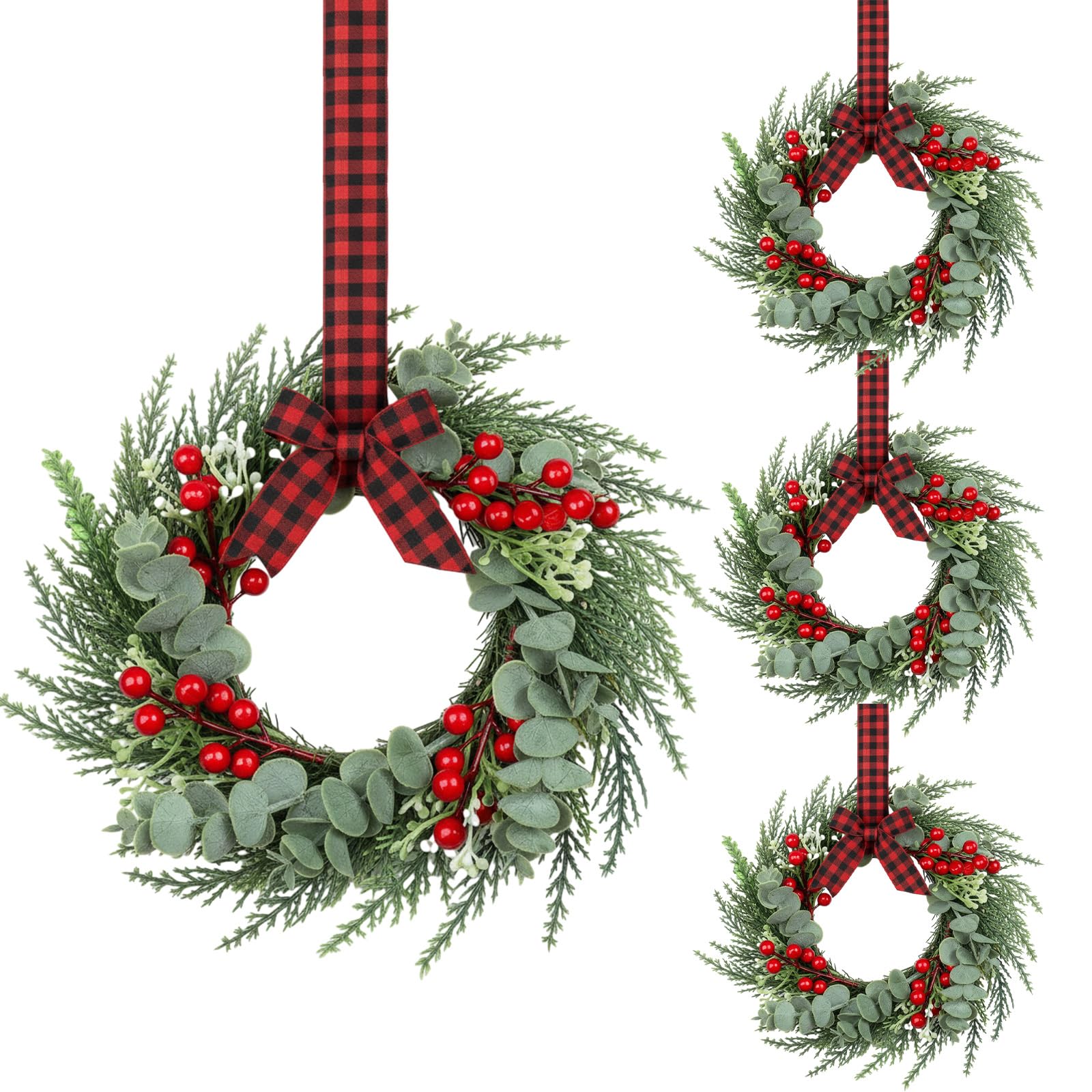 Photo 1 of 4 Pcs 8" Mini Christmas Wreaths for Kitchen Cabinet Small Christmas Candle Rings Wreaths, Front Door Pillars/Home Table Centerpieces Hanging Garlands, for Windows/Wedding Decor (No Red Ribbon)