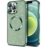 Hython for iPhone 12 Pro Case Glitter, Clear Magnetic Phone Cases with Camera Lens Protector [Compatible with MagSafe] Bling Sparkle Plating Soft TPU Shockproof Protective Cover Women Girls, Green