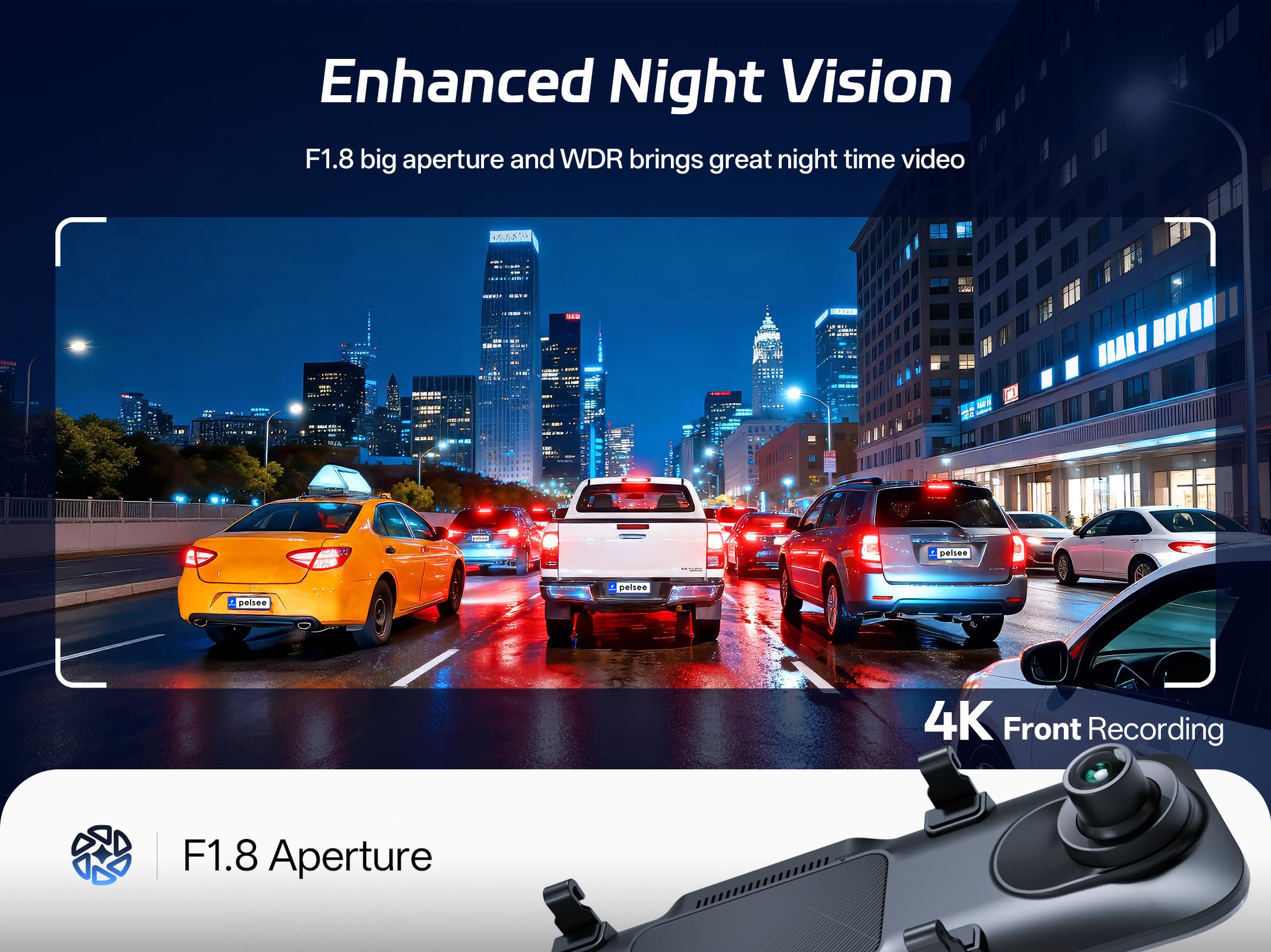 Pelsee P12 Pro 4K Mirror Dash Cam w/ADAS and BSD, 5.8GHz WiFi 20MB/s Download, Rear View Mirror Camera 4K Front and 1080P Rear, Voice Control, GPS, Color Night Vision, 12