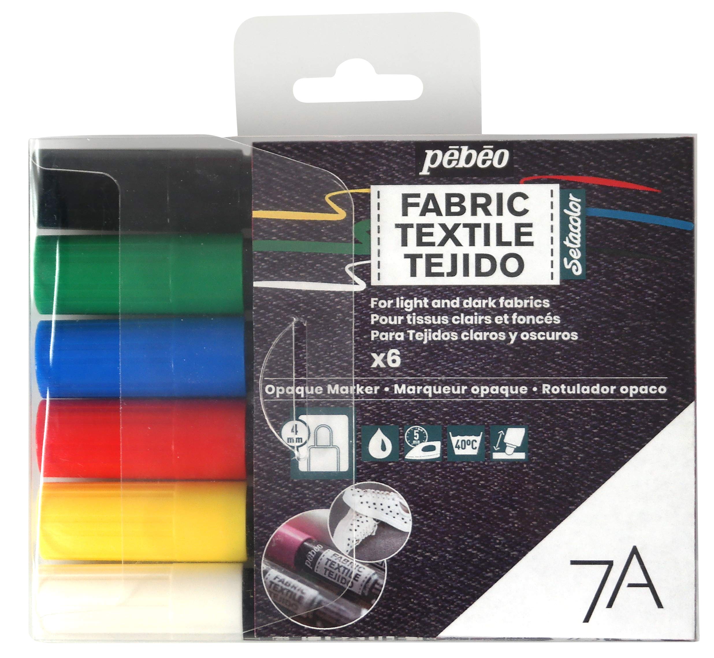 Pebeo 7A Opaque Assorted Fabric Marker - 4M, Set of 6