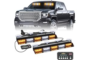 XRIDONSEN 2x 17 inch Emergency Dash Strobe Lights for Trucks Interior Front/Rear Windshield Lights 40 LED Amber White Safety Warning Hazard Lights w/Controller for Plow Trucks Construction Vehicles