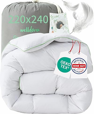 Welldora Komfort Bettdecke 220x240 Winter | 100% Extraweiche Federn & Daunen | Fachärztlich geprüft, Oeko-Tex, Allergiker | Zertifiziert für Tierwohl | Dicke extrawarme Winterdecke Daunendecke