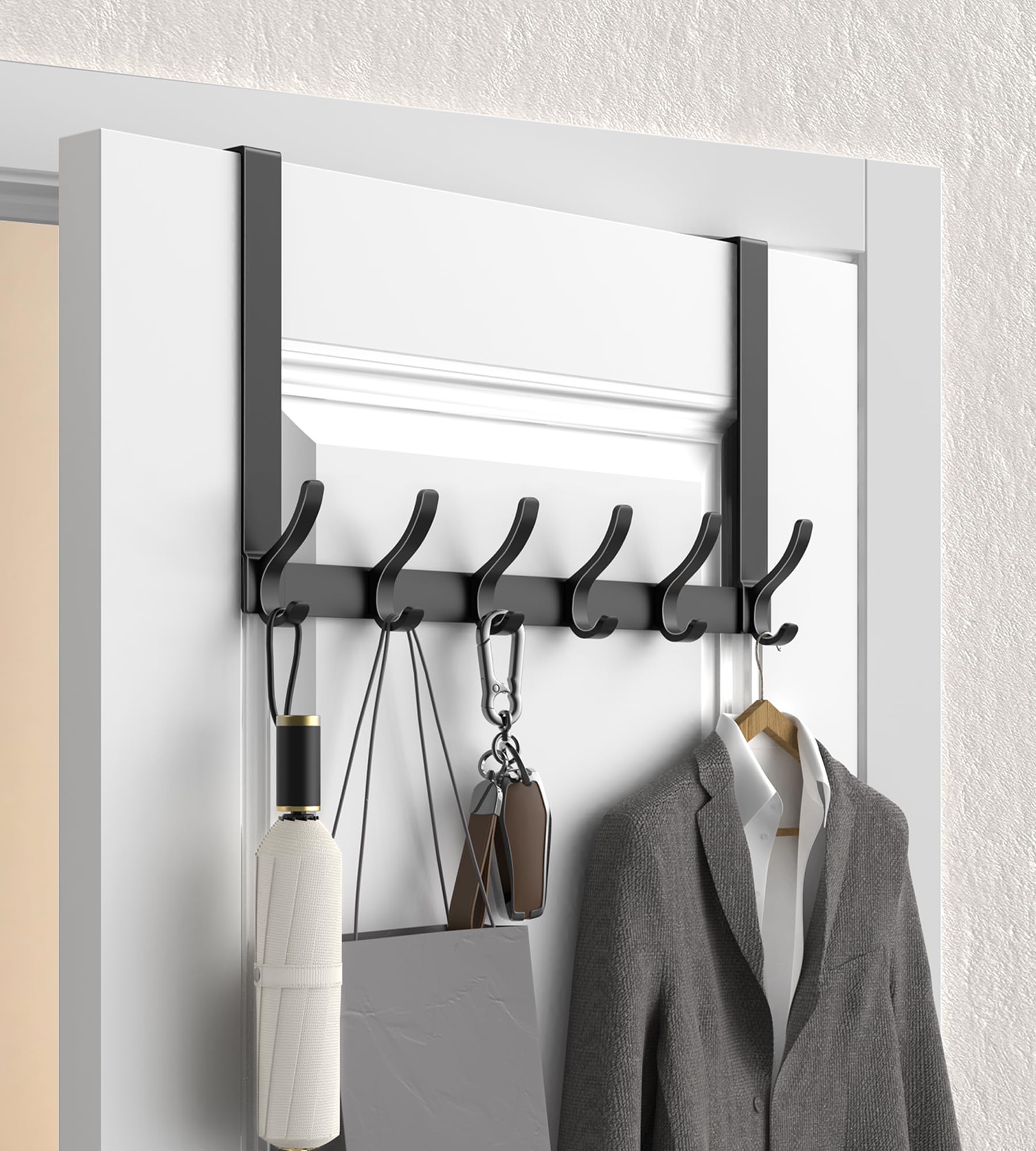 Photo 1 of KitchLife Over The Door Hooks Hanger with 11 inches Extended Brackets for Easy Access by Women, Fits 1 3/4" Doors, F28U - Bathroom Towel Rack Organization, Matte Black