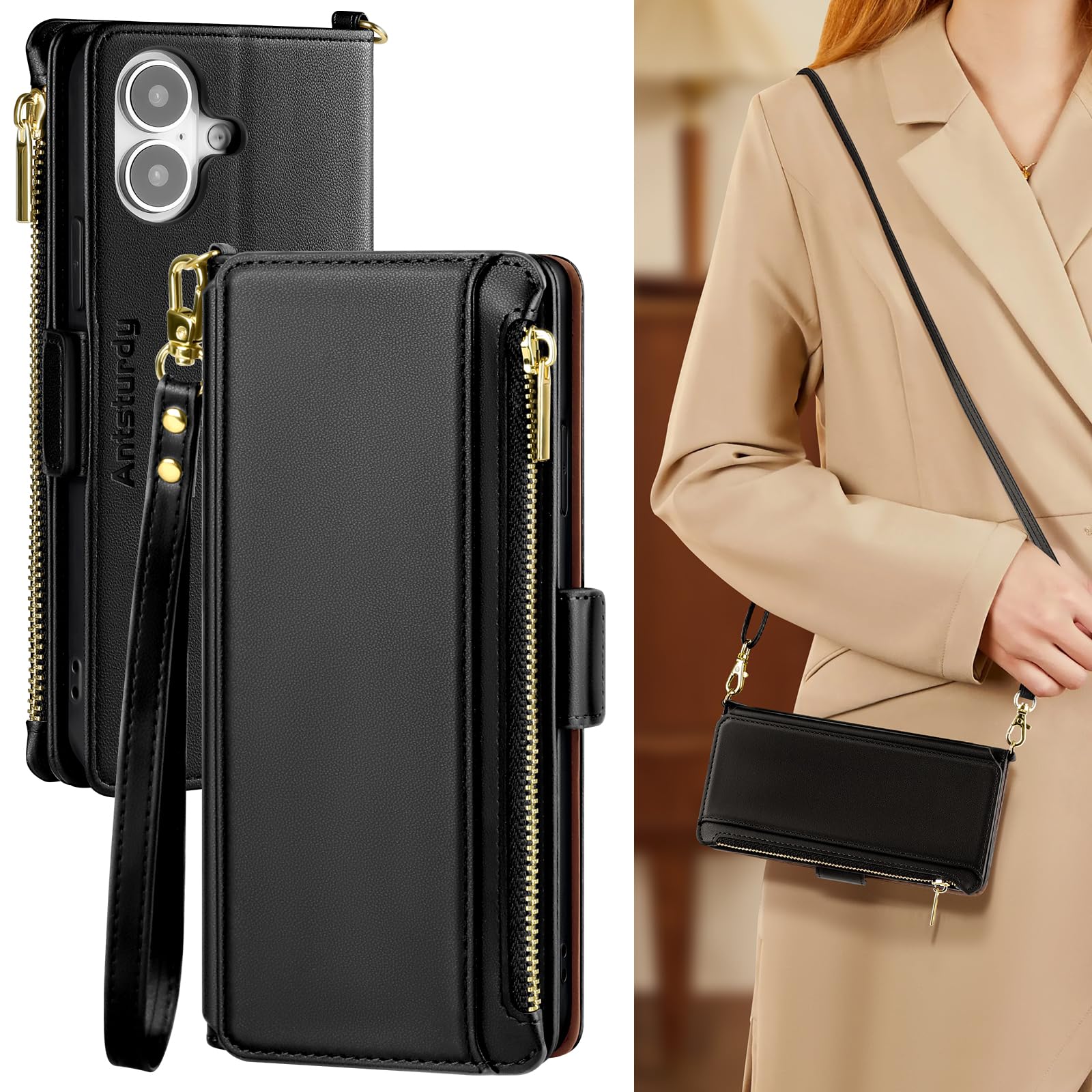 Antsturdy Compatible with iPhone 17 Wallet Case for Women【RFID Blocking】 Crossbody Phone Case PU Leather Zipper with Wrist Strap Flip Cover Credit Card Holder for Apple 17 6.3",Black