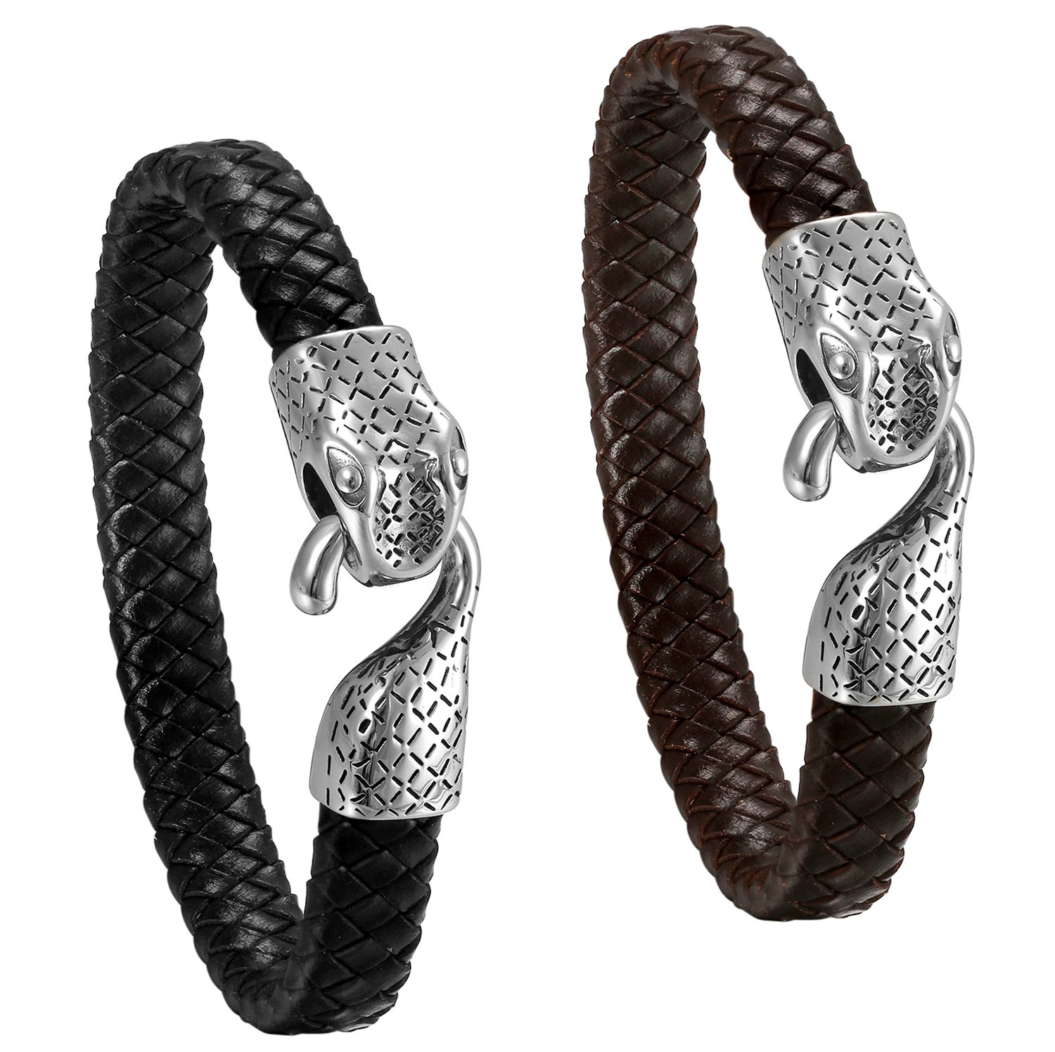 JewelryWe Men Snake Bracelet Bangle Black/Brown Braided Leather Bangle Stainless Steel Male Weave Men Jewelry