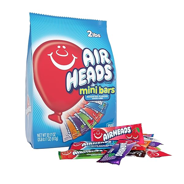 AIRHEADS 80 MINI BARS, CHEWY FUN TAFFY CANDY, ASSORTED FRUIT FLAVORS, NON-MELTING, PARTY 32.17OZ (80 COUNT)