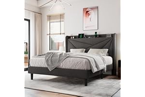 Einhomn Full Size Upholstered Bed Frame with Charging Station, Platform Bed Frame with Storage Headboard, Solid Wood Slats Support, No Box Spring Needed, Dark Gray