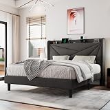 Einhomn Full Size Upholstered Bed Frame with Charging Station, Platform Bed Frame with Storage Headboard, Solid Wood Slats Support, No Box Spring Needed, Dark Gray