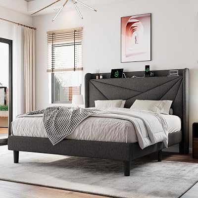 Einhomn Full Size Upholstered Bed Frame with Charging Station, Platform Bed Frame with Storage Headboard, Solid Wood Slats Support, No Box Spring Needed, Dark Gray
