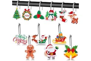MALLMALL6 Christmas Shower Curtain Hooks - 12Pcs Xmas Decorative Hangers Metal Rustproof Bathroom Winter Holiday Decor Pendants Accessories with Gingerbread Xmas Tree Santa Stainless Curtains Rings