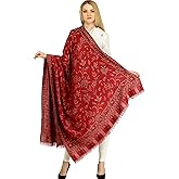 Exotic India Women Reversible Jamawar Wool Shawl with Woven Flowers | Ethnic Beautiful Floral Weave Stole, Dupatta