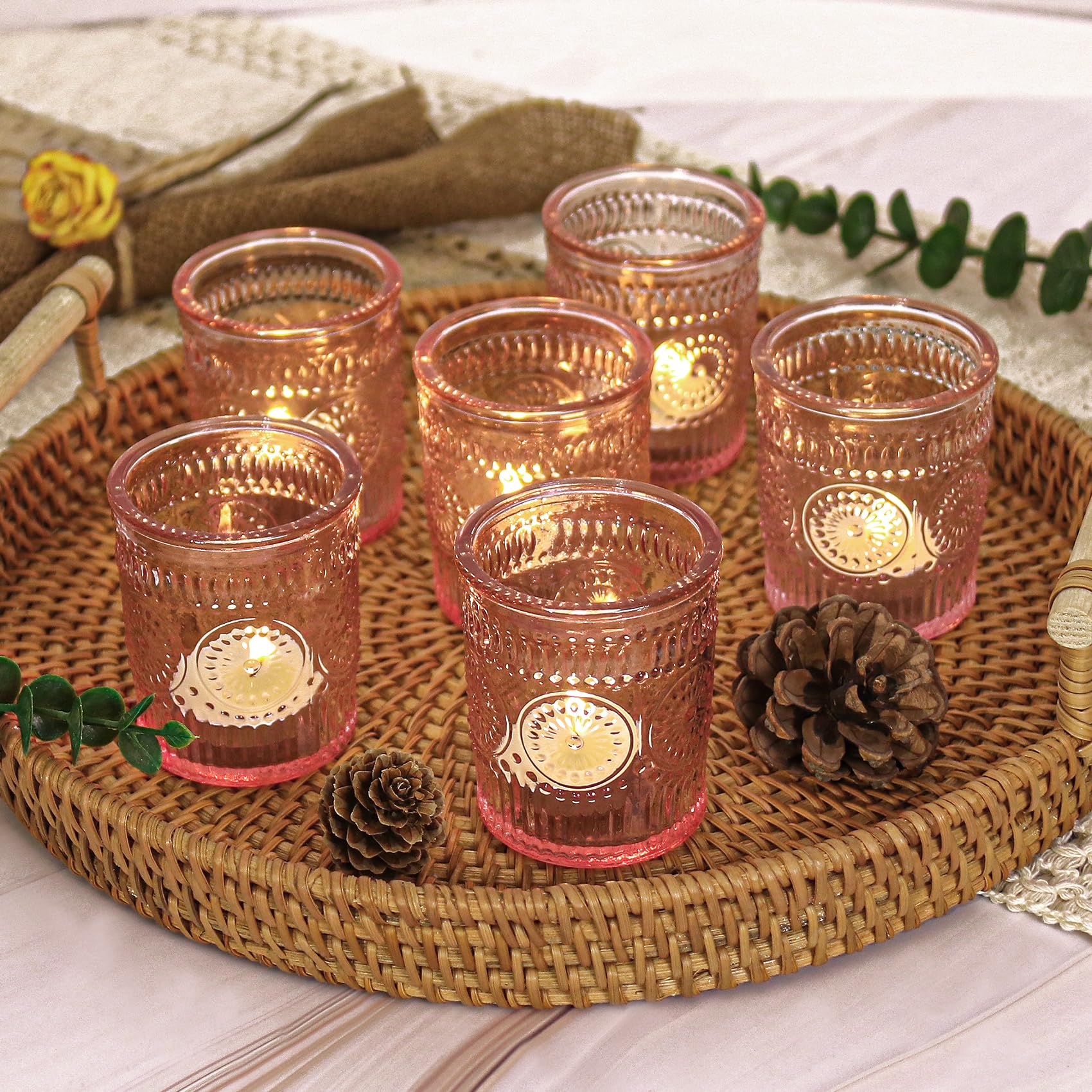 Photo 1 of 12 Pcs Pink Glass Votive Candle Holders, Tealight Candle Holders for Table Centerpieces, Vintage Candle Holder Bulk, Boho Wedding, Valentine's Day Table Decor (Pink)