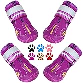 QUMY Dog Boots Waterproof Shoes for Dogs with Reflective Strips Rugged Anti-Slip Sole 4PCS/Set (Purple, Size 4: 2.2''x2.6''(W