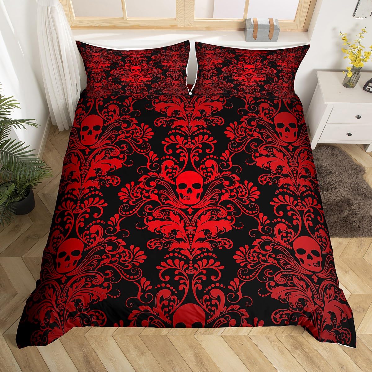 Homewish Adults Red Damask Bedding Set Antique Victorian Baroque Duvet Cover King,Gothic Vintage Floral Comforter Cover Exotic Sugar Skull Quilt Cover,Gothic Bone Skeleton Bohemian Decor,Black