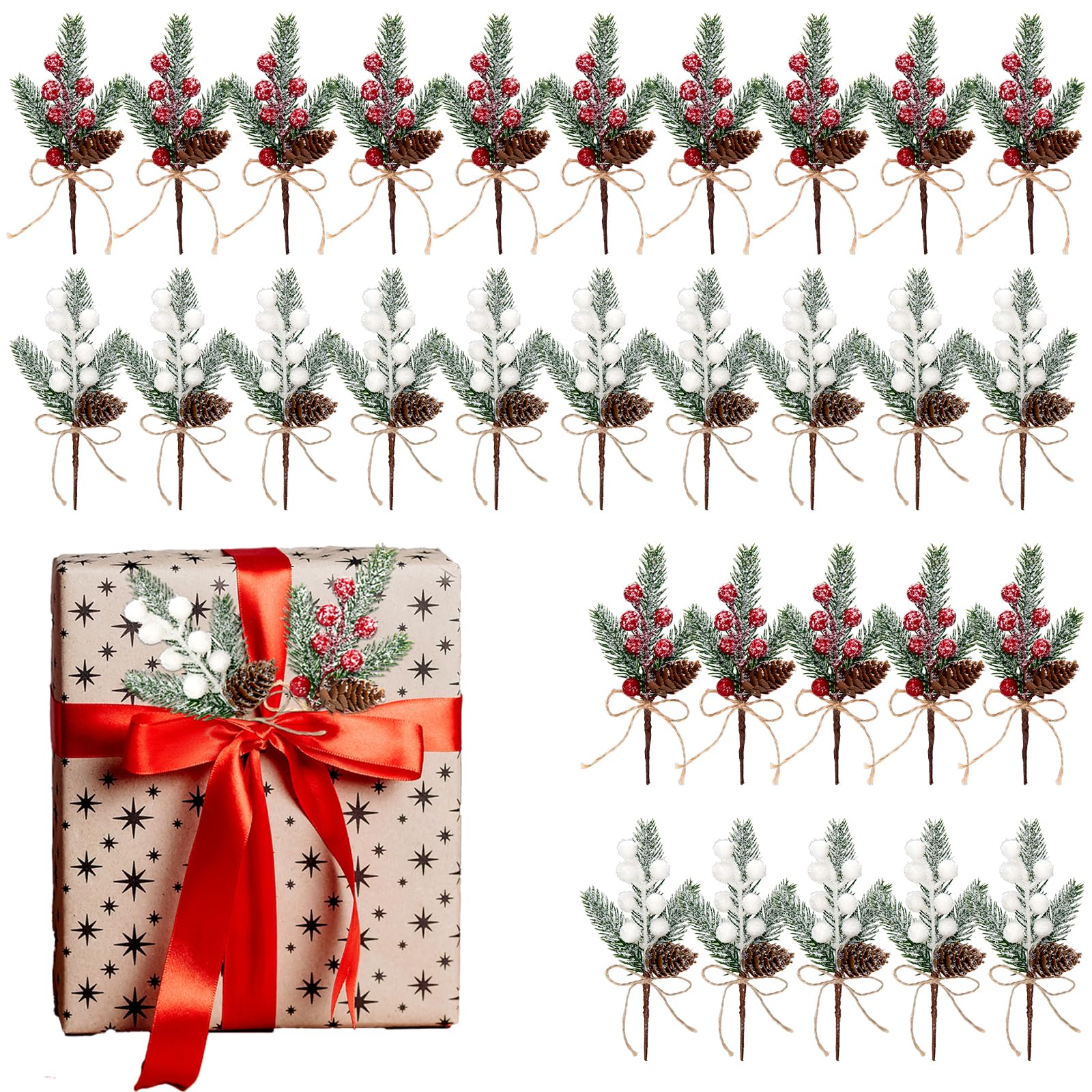canddy 30Pack Artificial Pine Picks, 6inch Flocked Holly Christmas Red and White Berry Picks Stems, Christmas Picks and Sprays Faux Floral Picks with Pinecones for DIY Gift Floral Arrangements