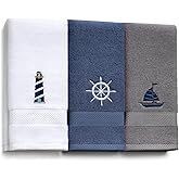 HunnmingRe 3 Pcs Nautical Hand Towels 13.3 x 28.4'' Nautical Bathroom Decor Summer Dark Blue White Cotton Dish Towels Coastal Boat Owners Gift for Home Bath Kitchen Beach Accessories
