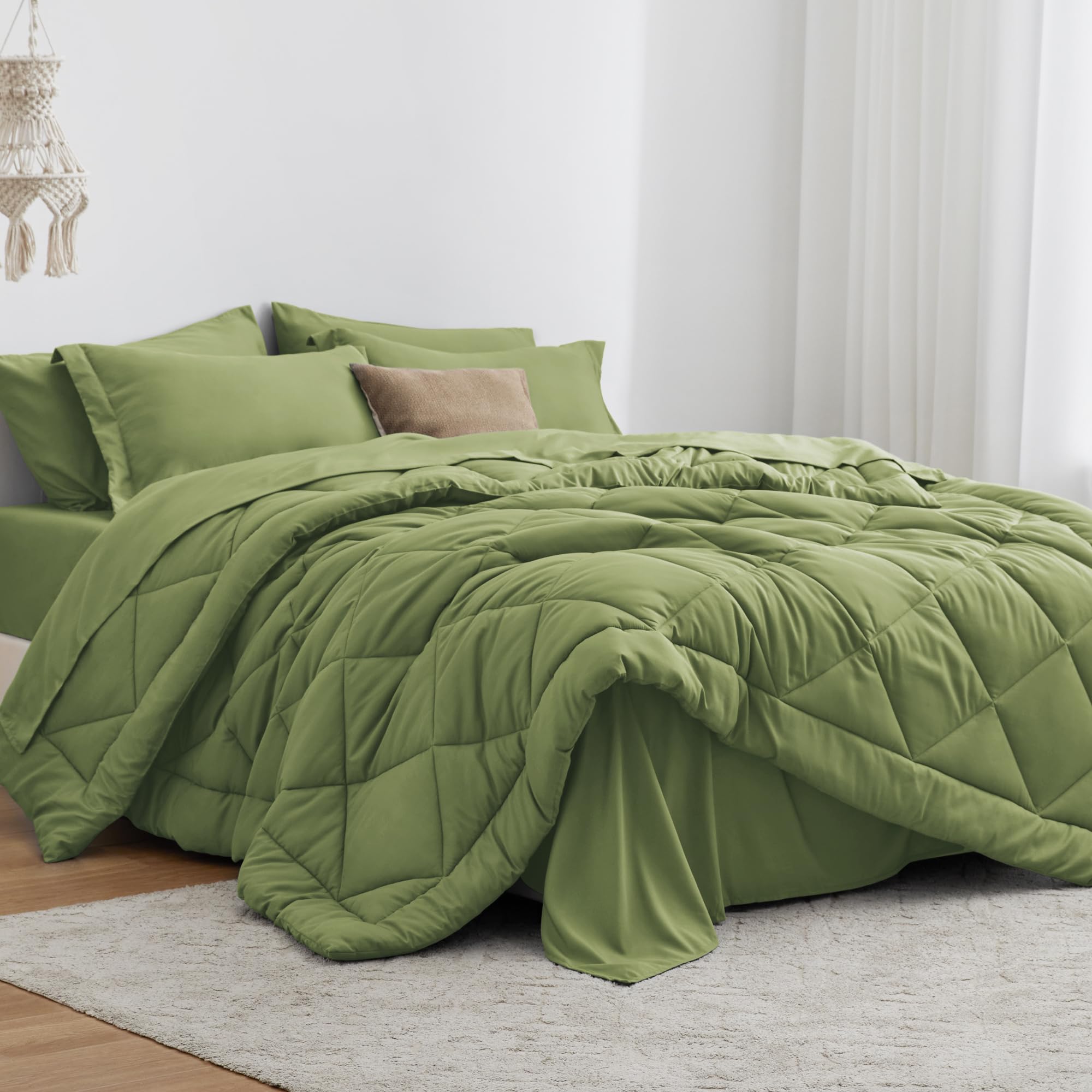 Love's cabin King Size Comforter Set Olive Green, 7 Pieces King Bed in a Bag, All Season Bedding Sets with 1 Comforter, 1 Flat Sheet, 1 Fitted Sheet, 2 Pillowcase and 2 Pillow Sham Image Love's cabin King Size Comforter Set Olive Green, 7 Pieces King Bed in a Bag, All Season Bedding Sets with 1 Comforter, 1 Flat Sheet, 1 Fitted Sheet, 2 Pillowcase and 2 Pillow Sham Image
