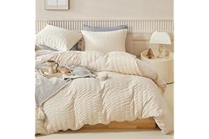 WARMDERN Duvet Cover Set Queen Size, 3pcs Washed Microfiber Beige Bedding Set, Soft Breathable Striped Textured Seersucker Duvet Cover with Zipper Closure & Corner Ties(Beige, Queen)