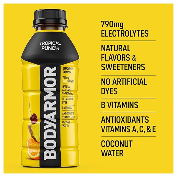 BODYARMOR SPORTS DRINK, TROPICAL PUNCH, ELECTROLYTE DRINK HYDRATION, 16 FL OZ BOTTLES (12 PACK), FLAVORED COCONUT WATER WITH B VITAMINS & ANTIOXIDANTS