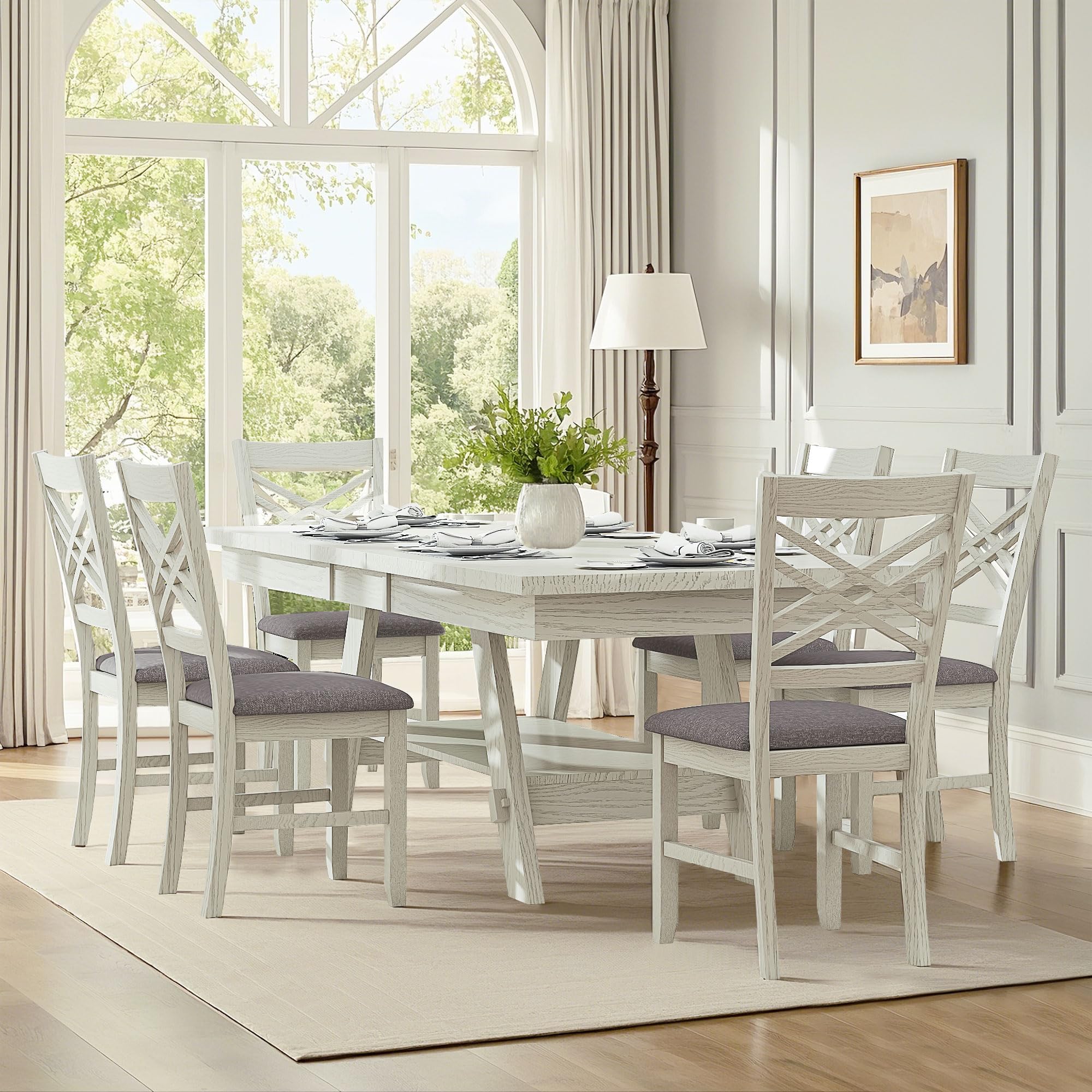 Photo 1 of *** only two chairs *** Peatuk Dining Table Set for 6 with Chairs, Solid Wood 7 Piece Farmhouse Extendable Dining Table and Chairs Set of 6, Cross Back, Easy Assembly for Indoor Home, Dinner, Kitchen, Grey