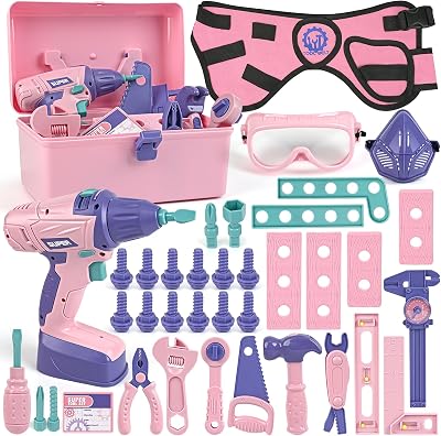 Vanplay 52Pcs Kids Tool Set Pink Pretend Play Drill Belt Box Toys for Boys Girls