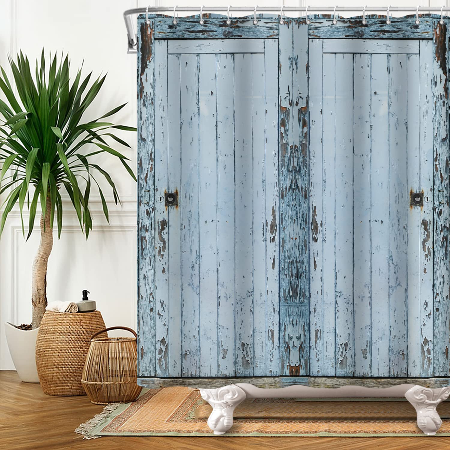 SDOTPMT 105x160cm Wood Plank Shower Curtain Rustic Pale Blue Old Hardwood Vintage Board Floor Bath Curtain Rural Farmhouse Countryside Bathtub Curtain for Bathroom Fabric Polyester with Hooks