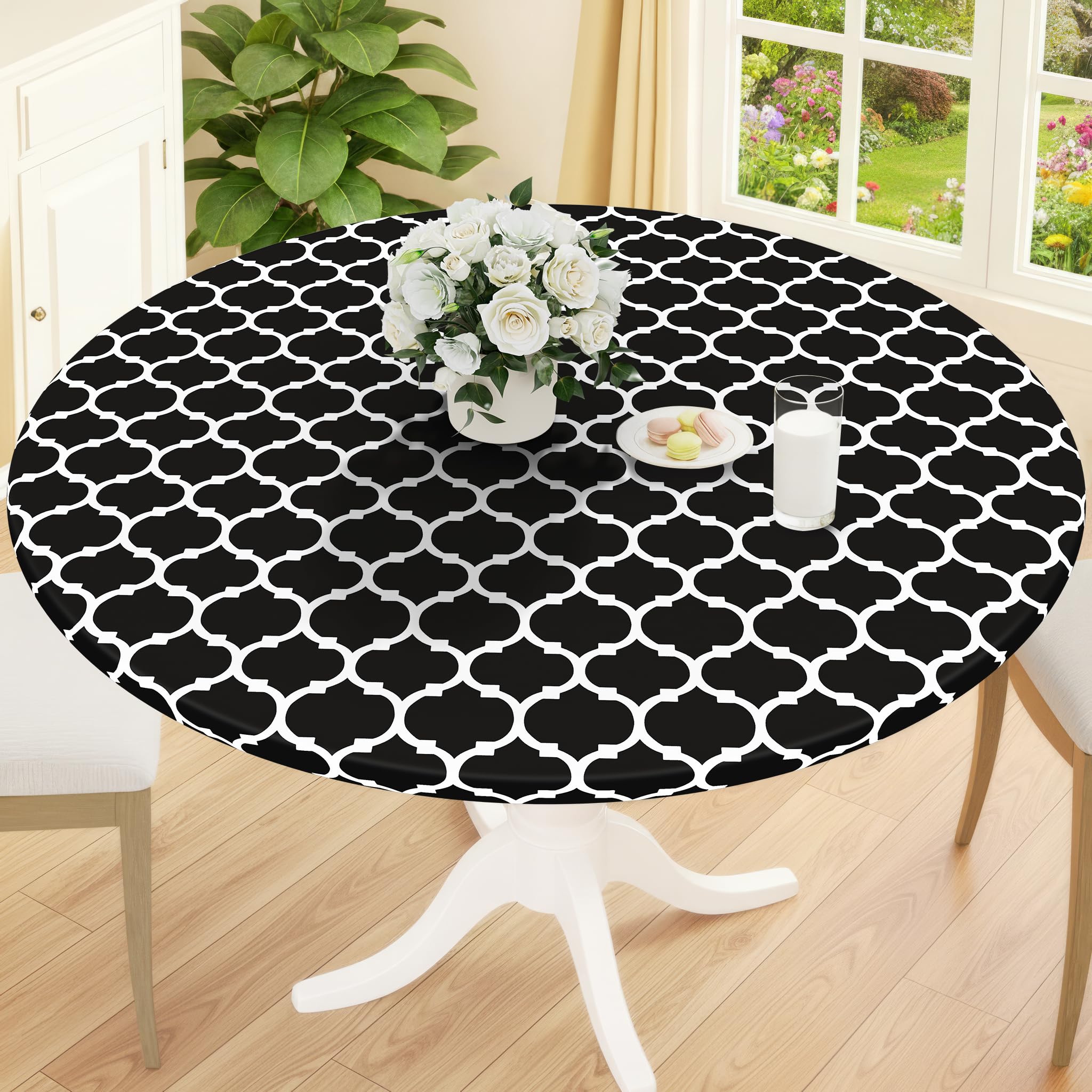 smiry Round Table Cloth Cover - Elastic Edged Flannel Backed Vinyl Tablecloth, Waterproof Wipeable Black Moroccan Trellis Pattern Table Cover for Outdoor Indoor Room
