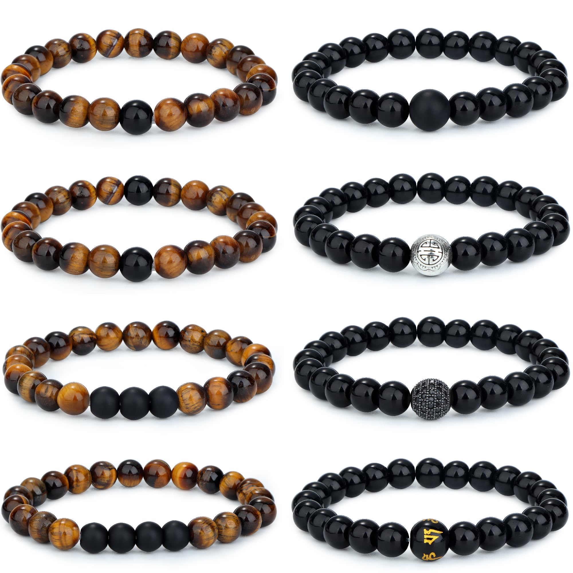 ADRAMATA Mens Bracelets 8mm Natural Stone Beaded Lava Rock Bracelet Tigers Eye Bracelets for Women Men Stretch Bead Bracelet, 8Pcs
