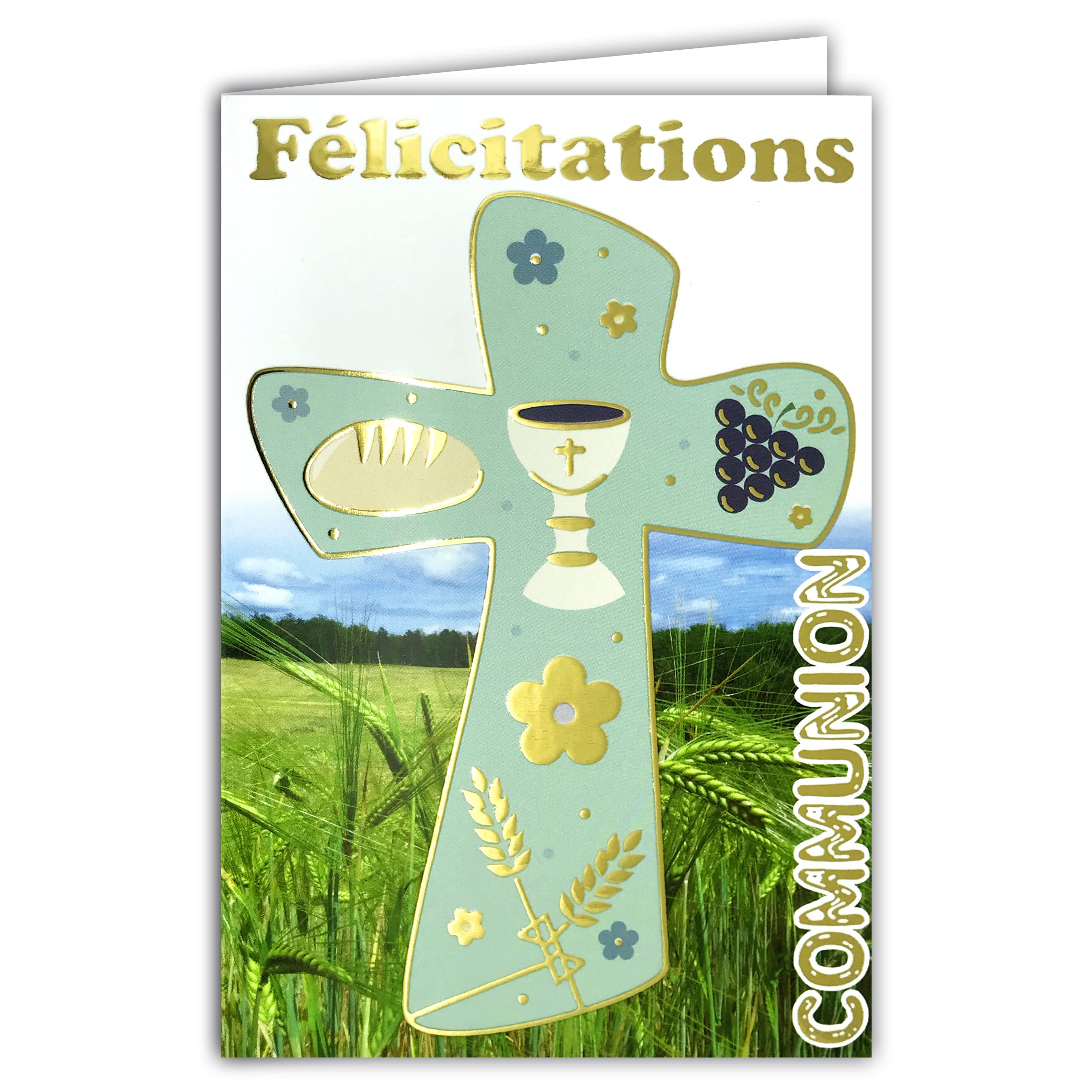 Gold Greetings Card Communion Gold Crosses Rude Champ Wheat Bread Wine Grape Flowers Godfather Godfather Church Christian Catholic Religion Made in France
