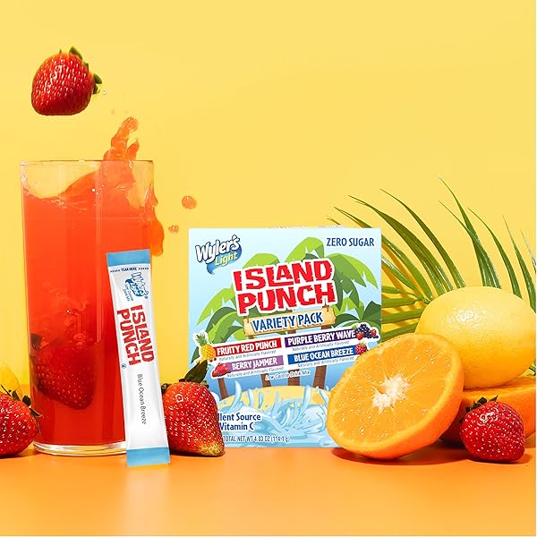 WYLER’S LIGHT ISLAND PUNCH SINGLES TO GO, VARIETY PACK, FRUITY RED PUNCH, PURPLE BERRY WAVE, BERRY JAMMER AND BLUE OCEAN BREEZE, 1 BOX (40 SINGLE SERVINGS)