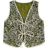 MakeMeChic Women's Boho Floral Vests Tie Front V Neck Contrast Binding Sleeveless Outwear Vest Top
