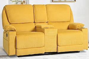 KIGOTY Loveseat Recliner Sofa,2 Seat Reclining Loveseat,Manual Recliner Sofa,Home Theater Seating with Storage Console，RV Love Seat Couch Chair with 4 Cup Holders,Lemon Yellow