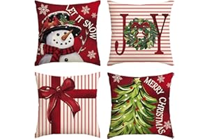 AVOIN colorlife Merry Christmas Let It Snow Joy Stripes Gift Box Red Throw Pillow Covers, 18 x 18 Inch Xmas Tree Holiday Cushion Case Decoration for Sofa Couch Set of 4