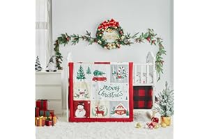 UOZZI BEDDING Christmas Red Crib Bedding Set 3 Pieces New Year Style Quilted Plaid Comforter with Fitted Sheet and Bed Skirt - Cute Snowman House Deer Red Gray Design Baby Crib Bed Set