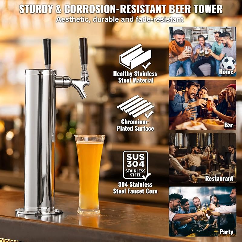 Kit Colonne à Bière 2 Robinets, Distributeur de Bière Boisson en Acier Inoxydable, Tireuse à Bière avec Régulateur à Double Jauge W21,8 et Coupleur de Fût Système S, pour Bar Restaurant Maison