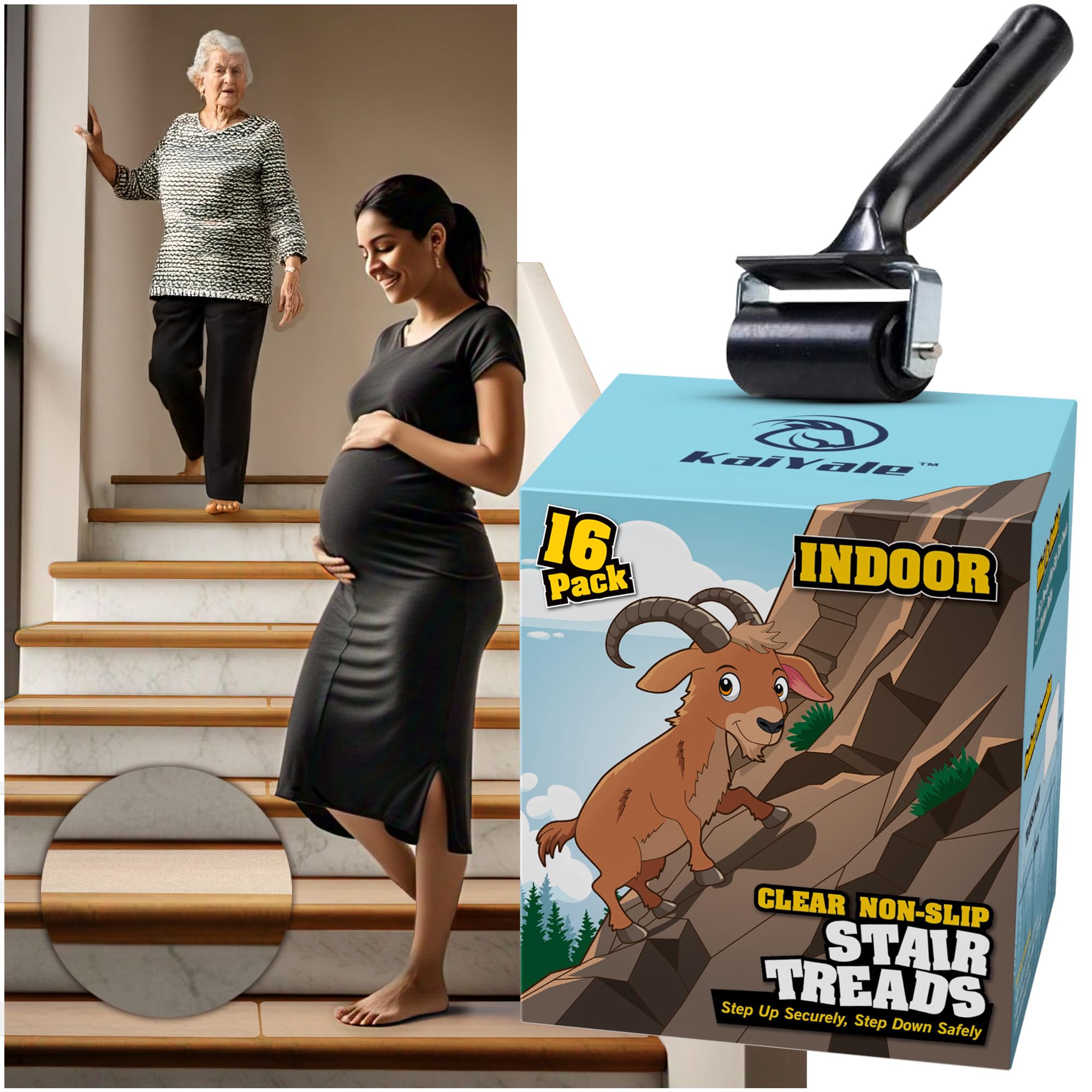Photo 1 of 16 Pack Clear Stair Treads for Wooden Steps Indoor - 24"x4" Non Slip Stair Treads Indoor. Self Adhesive, Safe Anti Slip Tape for Kids, Seniors & Pets. Staircase Step Tread Includes Rubber Roller